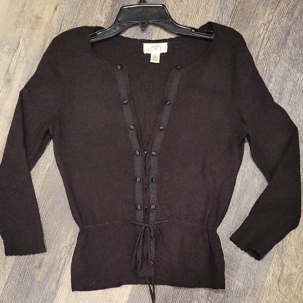 LOFT Black Cardigan Sweater with Scalloped Edge Detail
